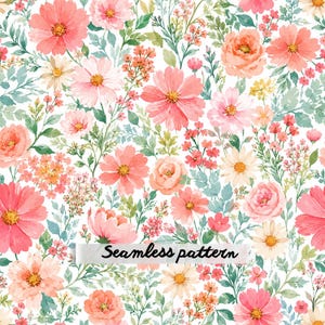 Watercolor Coral Wildflower Seamless Pattern JPG, Cottage Garden Floral Repeat, Spring Botanical Fabric