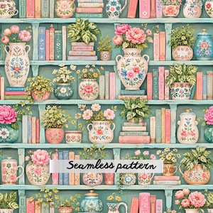 Könnte beinhalten: Ein nahtloses Muster mit hellblauen Regalen, die mit verschiedenen Büchern und dekorativen Keramikvasen gefüllt sind, welche bunte Blumenarrangements und grüne Topfpflanzen enthalten. Das Design zeigt wiederkehrende Motive aus rosa und blauen Blumen.