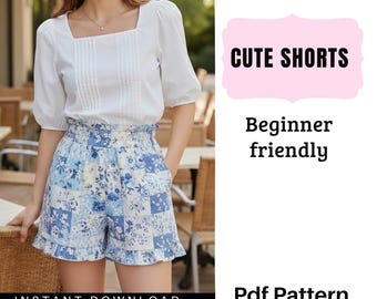 Niedliches Schnittmuster für Shorts mit Blumenmuster | Anfängerfreundliche High-Waist-Shorts | Sofortiger PDF-Download