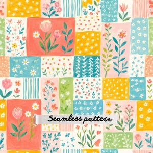 Pode incluir: Um padrão sem costuras apresentando uma grade de blocos retangulares preenchidos com motivos florais pintados à mão, incluindo tulipas, margaridas e pequenas flores em amarelo, rosa, coral, verde e azul. Uma faixa branca com o texto Seamless pattern.