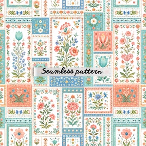 Pode incluir: Um padrão sem costura com um design de patchwork, apresentando motivos florais. O padrão inclui blocos retangulares e quadrados em tons de azul, pêssego e branco, adornados com ilustrações detalhadas de flores e folhagens. O texto "Seamless pattern" é sobreposto.