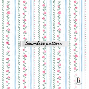 May include: Seamless pattern featuring vertical rows of pink roses on green vines, alternating with light blue stripes and dotted lines, set against a white background. The text "Seamless pattern" is displayed across the image.