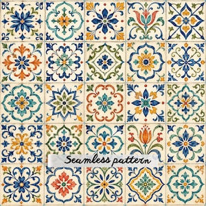 Pode incluir: Um padrão contínuo apresentando uma grade de azulejos quadrados com motivos florais e geométricos complexos em tons de azul, amarelo, laranja e verde sobre um fundo branco sujo. O texto Seamless pattern está impresso no centro.