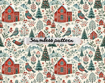 Motivo senza cuciture "Casetta invernale scandinava" JPG – Casa tradizionale nordica, uccelli del bosco incantevoli, accogliente design botanico natalizio per tessuti