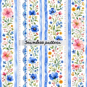 Pode incluir: Padrão sem costura em aquarela com listras verticais azuis e brancas, intercaladas com arranjos florais de flores rosa, azuis e amarelas. O texto "Seamless pattern" é exibido na imagem.