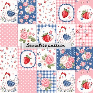 Pode incluir: Um padrão sem costura com um design de patchwork. Os quadrados apresentam bolinhas cor-de-rosa, arranjos florais, morangos e galinhas de desenho animado. O texto "Seamless pattern" está incluído, criando um design charmoso e coeso.
