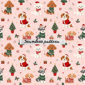 Pode incluir: Um padrão sem costura com várias raças de cães em trajes natalinos festivos. Os cães usam suéteres, gorros de Papai Noel e cachecóis, com árvores de Natal, presentes e azevinho em um fundo rosa. O texto "Seamless pattern" também está presente.