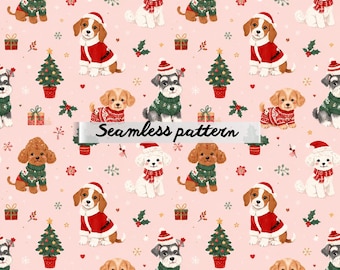 Peut inclure: Un motif sans couture avec des chiens habillés pour Noël. Les chiens portent des pulls, des bonnets de Père Noël et des écharpes, sur un fond rose avec des sapins, des cadeaux et du houx. Le texte "Seamless pattern" est également présent.