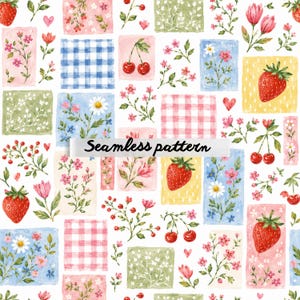 Pode incluir: Um padrão sem costura com ilustrações em aquarela de morangos, cerejas, flores e padrões xadrez em quadrados rosa, azuis, verdes e amarelos. O texto "Seamless pattern" é exibido.