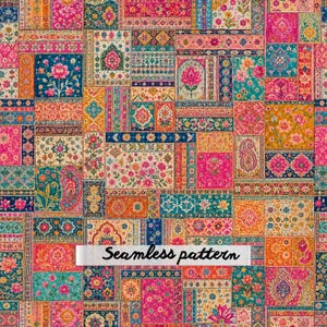 May include: A seamless pattern featuring a vibrant patchwork of rectangular blocks with intricate floral, paisley, and geometric motifs in shades of hot pink, teal, mustard yellow, and deep blue, with the text Seamless pattern centred.