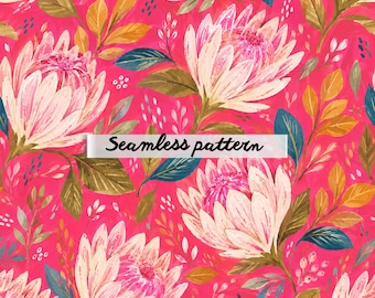 Bold Tropical Floral Seamless Pattern | Vibrant Pink Botanical Print | Modern Gouache Flower Fabric Design