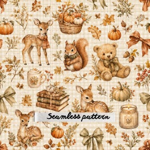 Peut inclure: Un motif répétitif avec des illustrations aquarelles de faons, un écureuil, un ours en peluche, des citrouilles, un panier, des livres, une tasse, une bougie et des nœuds sur un fond à carreaux beige avec le texte Seamless pattern au centre.