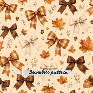 Autumn Bow Seamless Pattern | Rustic Plaid Bows & Fall Leaves Watercolor Digital Paper | Cozy Cottagecore Fabric | Instant Download
