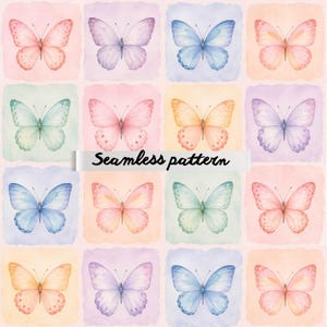 May include: A seamless pattern featuring a grid of watercolor butterflies in various pastel shades of pink, blue, yellow, and purple, each centered within a soft-edged square block. A white horizontal banner displays the text Seamless pattern.