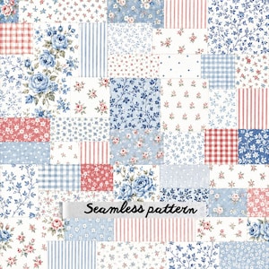 May include: A patchwork-style seamless pattern featuring a variety of rectangular blocks with blue and red floral prints, stripes, gingham checks, and polka dots. The design includes clusters of blue roses and delicate sprigs on white backgrounds.