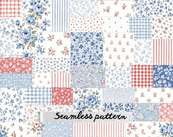 Patriotic Folk Floral patchwork Seamless Pattern, Americana Red Blue Botanical Print, Retro USA Cottagecore JPG