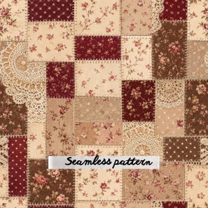 May include: A seamless fabric pattern featuring a patchwork design of rectangular blocks in shades of deep red, cream, and brown. The blocks display floral prints, polka dots, and intricate cream-colored lace doily overlays throughout.