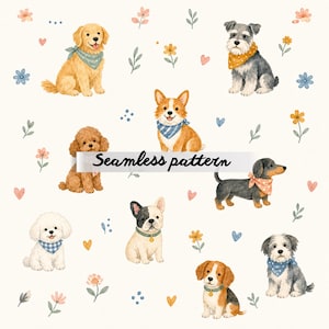 Könnte beinhalten: Ein nahtloses Muster mit Aquarellillustrationen verschiedener Hunderassen, jede mit Bandanas geschmückt. Das Design umfasst florale und herzförmige Akzente mit dem Text "Seamless pattern" in der Mitte.