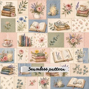 Nahtloses Patchwork-Muster für Vintage-Bücherliebhaber | Cottagecore-Bücher, Tee & Blumen | Shabby Chic Digitalpapier (JPG)