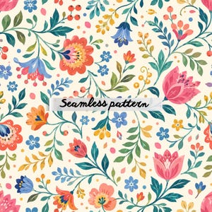 Pode incluir: Um padrão floral sem costura com um fundo creme, apresentando flores e folhagens vibrantes. O design incorpora flores vermelhas, rosa, azuis e laranja, complementadas por folhas verdes e o texto "Seamless pattern".