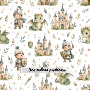Könnte beinhalten: Ein nahtloses Muster mit Illustrationen von Rittern in silberner Rüstung mit Schilden, grünen Drachen, steinernen Burgen mit blauen Dächern, Schwertern und kleinen Blattzweigen auf weißem Grund. Der Text Seamless pattern ist zentriert.