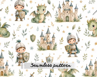 Nahtloses Muster „Kleiner Ritter & Babydrache“, Aquarell-Schlossabenteuer, verspieltes Märchen-Stoffdesign fürs Kinderzimmer