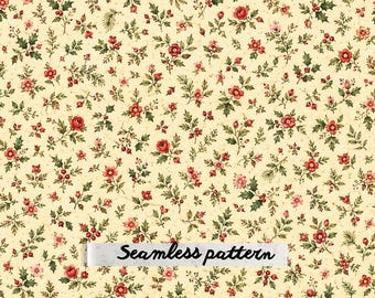Vintage Christmas Rose Holly Floral Seamless Pattern, Holiday Botanical Calico, Rustic Christmas Fabric Digital Paper