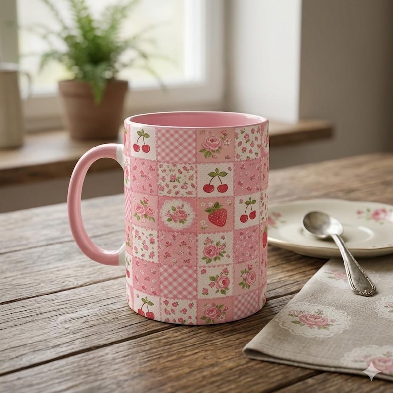 May include: A pink ceramic mug with a patchwork design featuring cherries, roses, and gingham patterns. The mug has a pink handle and interior. A saucer, spoon, and floral napkin are on a wooden table.