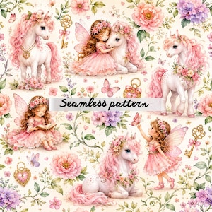 Fairy Pony & Enchanted Garden Seamless Pattern PNG, Pink Unicorn Floral Repeat, Whimsical Fairy Tale Nursery Fabric, Cottagecore Fantasy