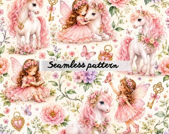 Fairy Pony & Enchanted Garden Seamless Pattern PNG, Pink Unicorn Floral Repeat, Whimsical Fairy Tale Nursery Fabric, Cottagecore Fantasy