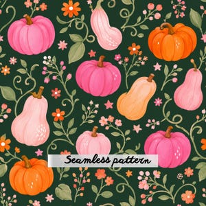 Könnte beinhalten: Ein nahtloses Muster mit rosa und orangefarbenen Kürbissen, Zierkürbissen und kleinen orangefarbenen Blumen auf dunkelgrünem Grund. Das Design zeigt geschwungene Ranken und Blätter, mit dem Text "Seamless pattern" in schwarzer Schrift.