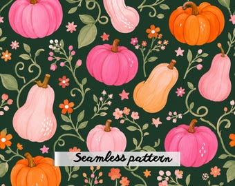 Whimsical Pink Pumpkins & Autumn Florals Seamless Pattern | Cottagecore Fall Fabric | Watercolor Harvest Digital Paper