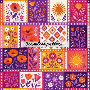 May include: A colorful seamless pattern featuring floral and geometric designs in a patchwork style. The pattern includes orange poppies, purple leaves, and sun motifs, with the text "Seamless pattern" in the center.