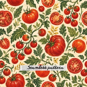 Peut inclure: Un motif répétitif composé de tomates rouges et de feuilles vertes sur un fond crème. Le design présente des tomates entières, des tranches et des grappes sur vigne. Le texte "Seamless pattern" est imprimé en noir au centre.