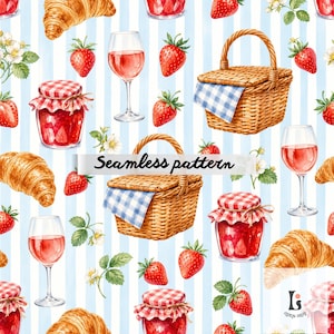 Pode incluir: Padrão sem costura em aquarela com croissants, morangos, potes de geleia, cestas de piquenique e taças de vinho. O design inclui o texto "Seamless pattern" em um fundo listrado azul e branco.