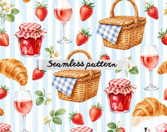 Motivo senza soluzione di continuità "Picnic con fragole" - Carta digitale Cottagecore ad acquerello, frutta estiva, barattoli di marmellata, cesto di vimini, stampa su tessuto e album di ritagli
