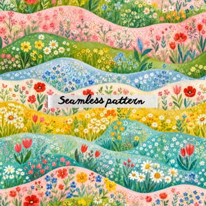 Pode incluir: Um padrão colorido e sem costura com colinas onduladas cheias de flores silvestres em tons de rosa, verde, amarelo, azul e branco. O texto "Seamless pattern" é exibido na imagem.