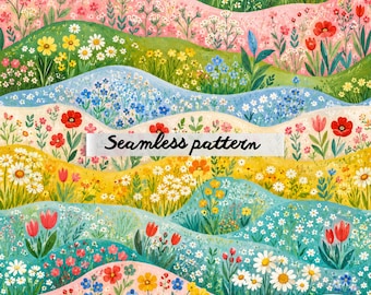 Floral Meadow Seamless Pattern, Watercolor Wildflower Digital Paper, Spring Cottagecore Fabric Print JPG
