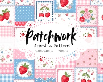 Cottagecore Strawberry Floral Seamless Pattern, Vintage Patchwork Digital Paper, Pink Blue Cute Fabric Print