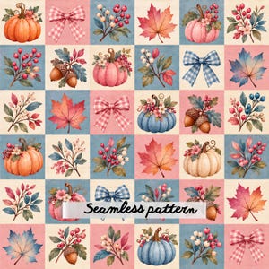 Puede incluir: Un patrón continuo con una cuadrícula de ilustraciones otoñales que incluyen calabazas, hojas de arce, bellotas, bayas y lazos a cuadros. El diseño se organiza en cuadrados alternos de rosa suave, crema y azul, con el texto Seamless pattern.