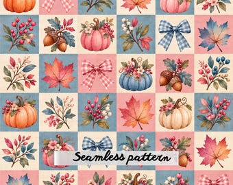 Pink & Blue Autumn Patchwork Seamless Pattern, Pumpkins Bows Maple Leaves Berries Acorns, Fall Digital Paper JPG