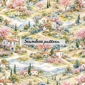 Pode incluir: Padrão aquarela sem costura com uma paisagem pitoresca com casas, árvores e colinas. O design inclui árvores floridas rosa e brancas, folhagem verde e o texto "Seamless pattern". A paleta de cores é suave e convidativa.