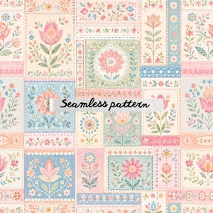 May include: A seamless pattern featuring a grid of rectangular and square panels with various floral illustrations in soft pastel shades of pink, blue, green, and cream. The text "Seamless pattern" is printed in black across the center.