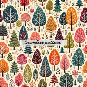 May include: A seamless pattern featuring a variety of stylized trees in shades of orange, red, pink, green, and dark blue on a cream background. The design includes diverse foliage shapes, including rounded, pointed, and evergreen silhouettes.