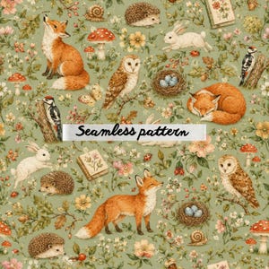 May include: A seamless pattern featuring a sage green background with illustrations of foxes, owls, hedgehogs, rabbits, woodpeckers, snails, ladybugs, mushrooms, flowers, and small books. The text Seamless pattern is centered in the image.