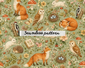 Woodland Forest Animals Seamless Pattern, Fox Owl Rabbit Hedgehog Cottagecore Nature Repeat Fabric Print JPG