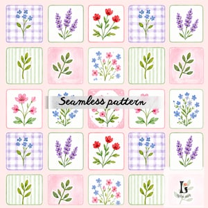 May include: A seamless pattern featuring watercolor illustrations of various flowers and foliage, including lavender, red blooms, and forget-me-nots. The design incorporates checkered and striped backgrounds within square frames, all set against a soft pink backdrop. The text "Seamless pattern" is displayed.