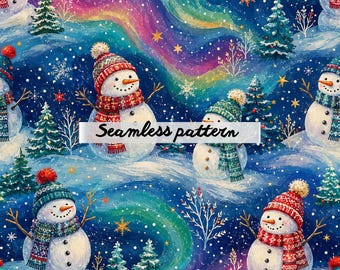 Snowman Winter Seamless Pattern JPG | Aurora Christmas Night Repeat | Whimsical Scandinavian Holiday Fabric Design