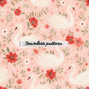 Pode incluir: Um padrão sem costura com cisnes brancos, flores vermelhas e folhas verdes sobre um fundo rosa claro. O texto "Seamless pattern" é exibido na imagem. O design tem um tema floral e botânico.