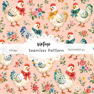 Pode incluir: Um padrão vintage sem costura com ilustrações em aquarela de galinhas brancas com cristas vermelhas e laços coloridos, rodeadas por arranjos florais em um fundo rosa claro. O texto "Vintage Seamless Pattern" é exibido.